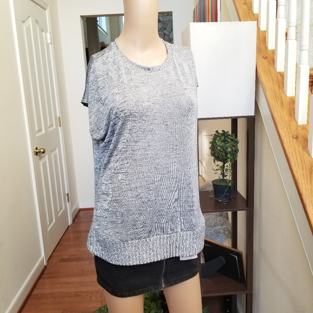 Bar III Ribbed -Trim High-Low Sweater Silver M